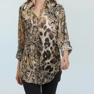 David Cline Large Gray Brown Olive Snap Front Roll Tab Sleeve Shirt